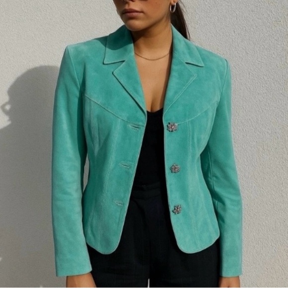 Wilsons Leather Jackets & Blazers - Wilsons Maxima Suede Teal Lined Jacket, Rhinestone Buttons, Womens size Small